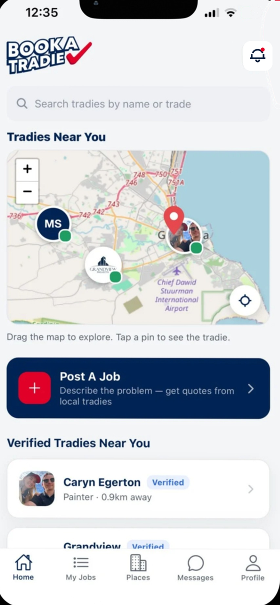 Book A Tradie app — Tradies Near You home screen